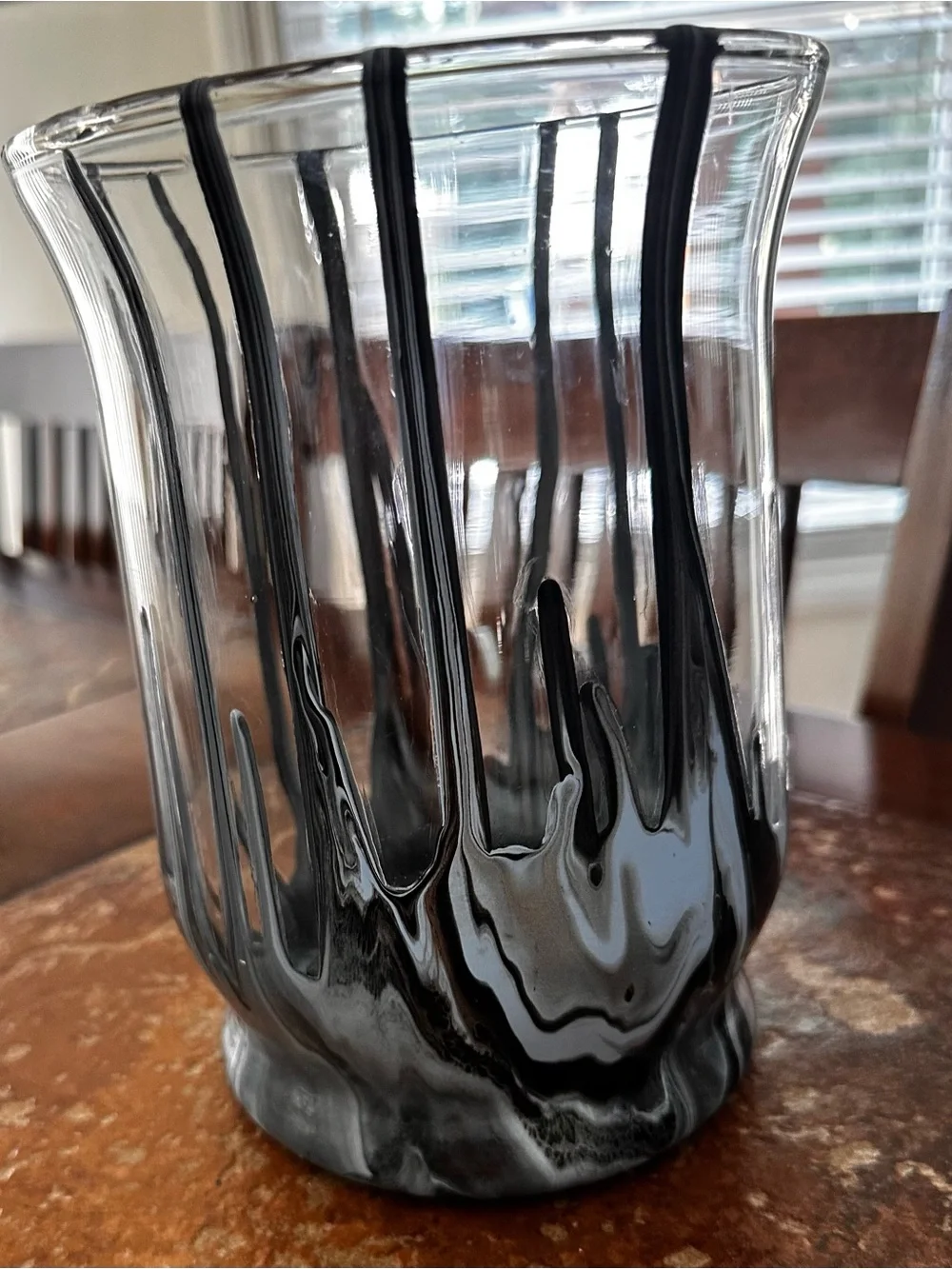 Hand crafted abstract Art Glass Vase with Black Drip Design